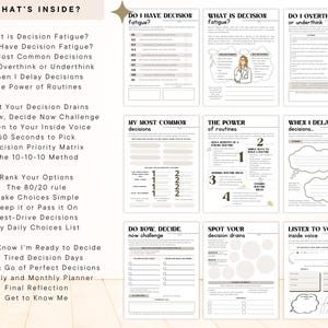 May include: A planner with various pages, including sections titled "What's Inside?", "Do I Have Decision Fatigue?", and "My Most Common Decisions." The pages feature text, charts, and diagrams, designed to help with decision-making and planning.