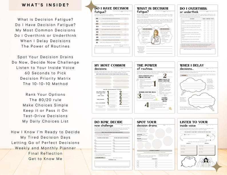 May include: A planner with various pages, including sections titled "What's Inside?", "Do I Have Decision Fatigue?", and "My Most Common Decisions." The pages feature text, charts, and diagrams, designed to help with decision-making and planning.