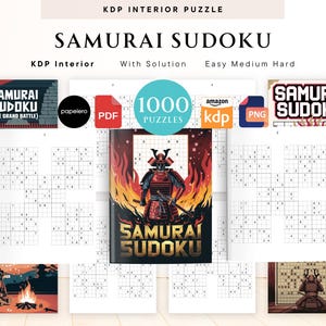 1000 samoerai-sudoku-puzzelpagina's voor volwassenen, KDP-interieur, afdrukbaar pdf en png, eenvoudig, gemiddeld en moeilijk met oplossing, sudoku direct downloaden