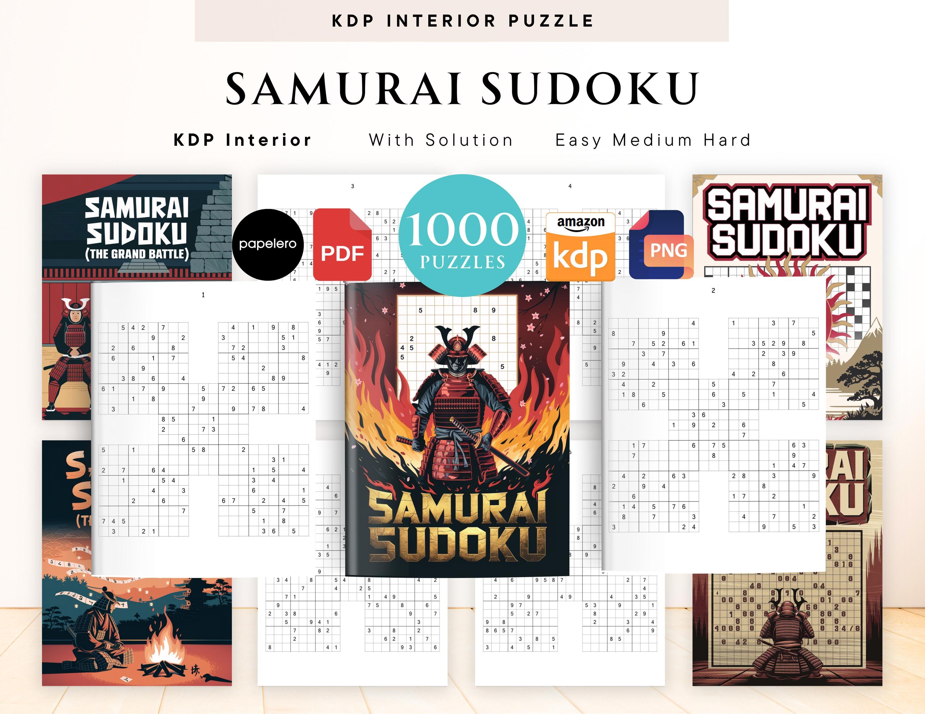 1000 Samurai Sudoku Puzzle Pages for Adult, KDP Interior, PDF and PNG Printable, Easy Medium and Hard with Solution, Sudoku Instant Download