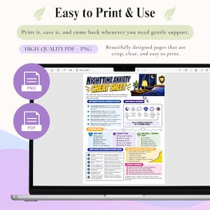 May include: A digital display on a laptop screen showing a Nighttime Anxiety Cheat Sheet. The document features text, icons, and colorful sections detailing nervous system signs, common symptoms, and calming techniques for nighttime anxiety.