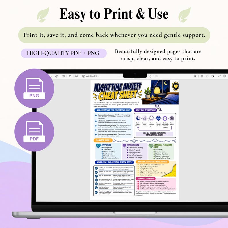 May include: A digital display on a laptop screen showing a Nighttime Anxiety Cheat Sheet. The document features text, icons, and colorful sections detailing nervous system signs, common symptoms, and calming techniques for nighttime anxiety.