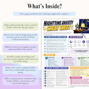 May include: A Nighttime Anxiety Cheat Sheet infographic featuring sections on why anxiety feels stronger at night, common body and thought signs, and nervous system support tools. The document includes text, icons, and a bedroom illustration.