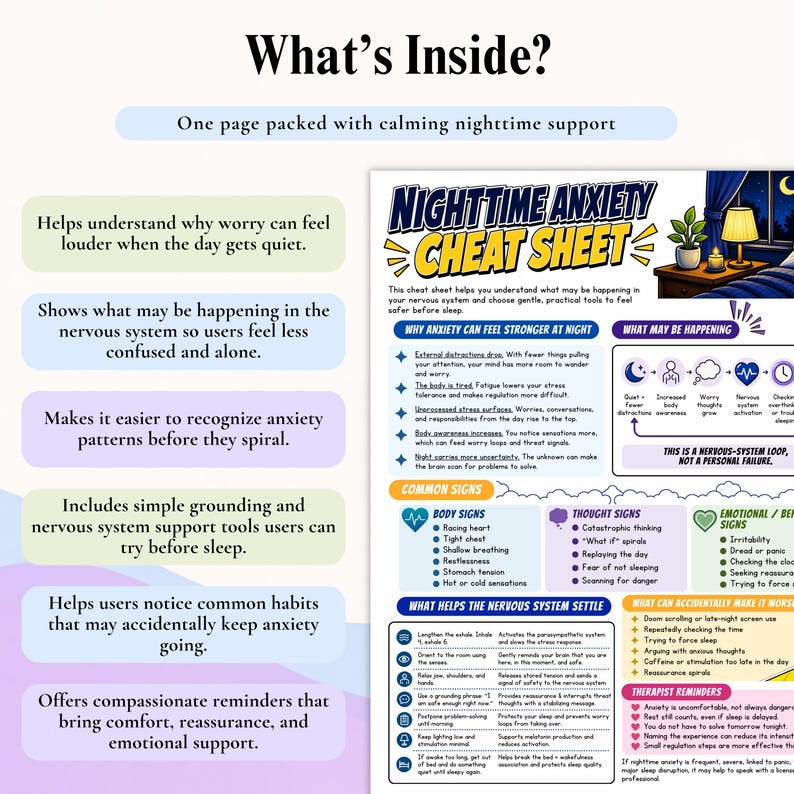 May include: A Nighttime Anxiety Cheat Sheet infographic featuring sections on why anxiety feels stronger at night, common body and thought signs, and nervous system support tools. The document includes text, icons, and a bedroom illustration.
