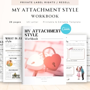 Könnte beinhalten: Ein Arbeitsbuch mit dem Titel "MY ATTACHMENT STYLE WORKBOOK" mit einem herzförmigen Schloss-Design. Das Arbeitsbuch ist eine druckbare und bearbeitbare Vorlage mit 28 Seiten. Der Text "PRIVATE LABEL RIGHTS / RESELL" steht oben.