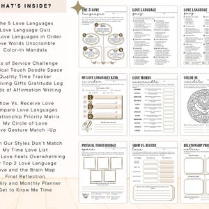 May include: A collection of printable worksheets with the title "What's Inside?" and various relationship-themed activities. The pages include quizzes, unscrambles, and trackers, all in a neutral color palette with a heart mandala.