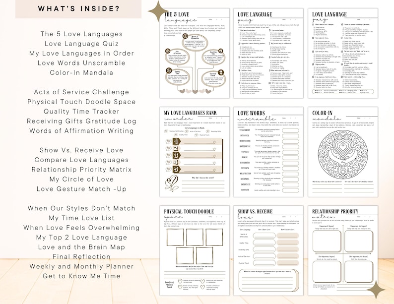 May include: A collection of printable worksheets with the title "What's Inside?" and various relationship-themed activities. The pages include quizzes, unscrambles, and trackers, all in a neutral color palette with a heart mandala.