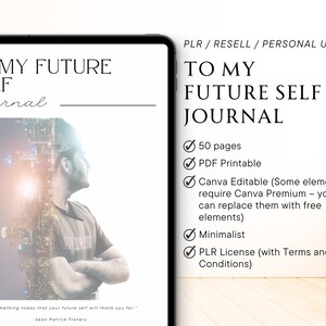 May include: A digital tablet displaying a mockup of a journal cover with the title "To My Future Self Journal". The cover features a man with a city skyline superimposed over his face. The text "Do something today that your future self will thank you for." is at the bottom of the cover. The tablet is on a wooden surface. The journal is 50 pages, printable, and editable in Canva. It includes a PLR license.