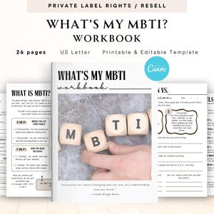 May include: A workbook titled "WHAT'S MY MBTI?" with the text "Workbook" and "26 pages". The cover features the title and the letters M, B, T, and I on wooden blocks. The workbook is a US Letter size and is a printable and editable template.