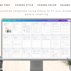 Peut inclure: Un &eacute;cran d'ordinateur affiche un cahier num&eacute;rique avec des pages telles que "Finding Joy in Life" et "Small Moments". Le texte en haut indique "Change Font, Style, Color, Cover". L'&eacute;cran affiche &eacute;galement "Customize templates using Canva to fit your branding before reselling."