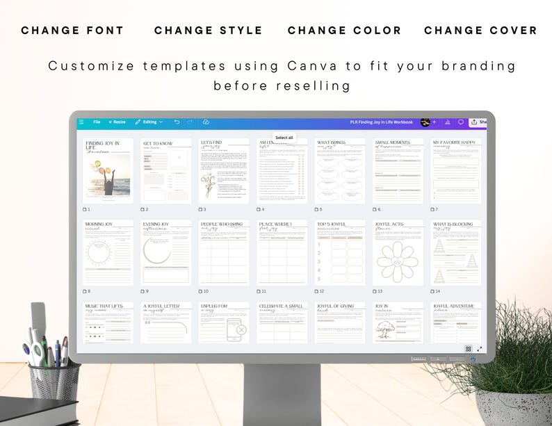Peut inclure: Un &eacute;cran d'ordinateur affiche un cahier num&eacute;rique avec des pages telles que "Finding Joy in Life" et "Small Moments". Le texte en haut indique "Change Font, Style, Color, Cover". L'&eacute;cran affiche &eacute;galement "Customize templates using Canva to fit your branding before reselling."