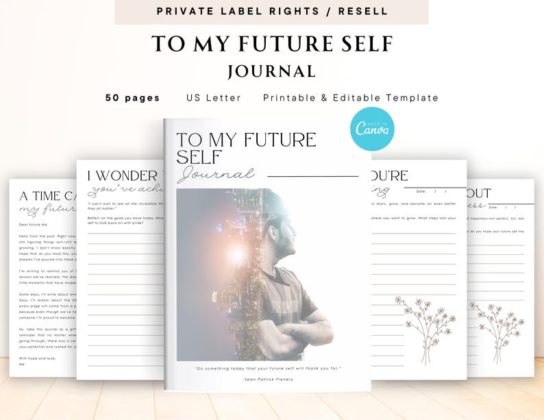 May include: A printable journal titled "To My Future Self" with a cityscape background. The journal has 50 pages and is US Letter size. The journal includes prompts such as "I wonder what you've achieved" and "You're doing".