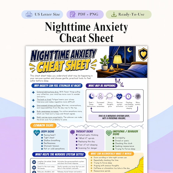 Nighttime Anxiety Cheat Sheet, Sleep Anxiety Coping Skills Printable, Mental Health Worksheet PDF, Therapy Self Help Tool