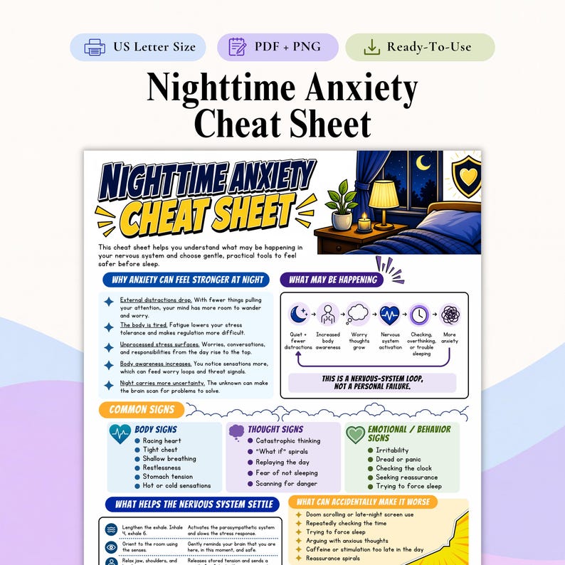 May include: A digital Nighttime Anxiety Cheat Sheet document featuring educational text, bullet points, and icons. The layout includes sections on why anxiety increases at night, common physical and emotional signs, and nervous system regulation tools.