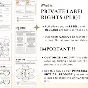 May include: A collection of printable worksheets with various relationship-themed prompts. The pages include fill-in-the-blank sections and graphic elements like hearts and a thermometer. Text includes "When Love Feels Overwhelming" and "Private Label Rights (PLR)?"