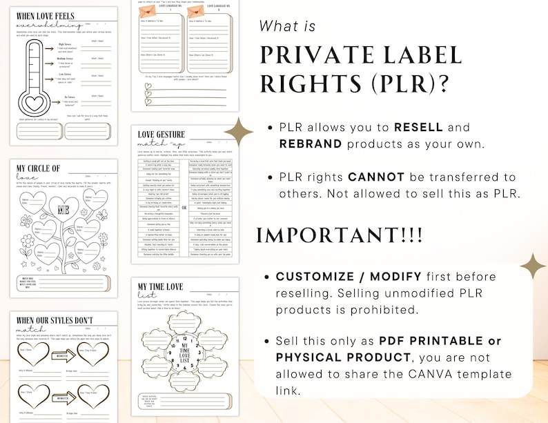 May include: A collection of printable worksheets with various relationship-themed prompts. The pages include fill-in-the-blank sections and graphic elements like hearts and a thermometer. Text includes "When Love Feels Overwhelming" and "Private Label Rights (PLR)?"