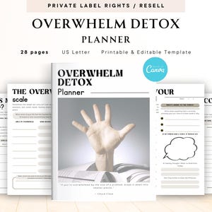 May include: A planner titled "OVERWHELM DETOX" with the text "PRIVATE LABEL RIGHTS / RESELL" at the top. The planner includes pages with prompts and the text "US Letter" and "Printable & Editable Template". The image also includes the Canva logo.