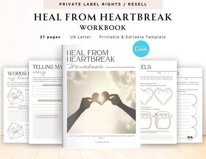 Pu&ograve; includere: Un quaderno di lavoro intitolato "Heal From Heartbreak Workbook" con un'immagine di copertina di due mani che tengono un cuore. Il quaderno di lavoro &egrave; lungo 27 pagine ed &egrave; stampabile e modificabile. Il testo "Non piangere quando il sole &egrave; andato via. Perch&eacute; le lacrime non ti permetteranno di vedere le stelle." &egrave; incluso sulla copertina.