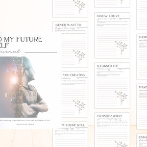 May include: A journal cover with the text "To My Future Self Journal" and a photo of a person with a city skyline superimposed over them. The text "Do something today that your future self will thank you for." is at the bottom of the cover.
