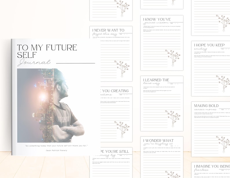 May include: A journal cover with the text "To My Future Self Journal" and a photo of a person with a city skyline superimposed over them. The text "Do something today that your future self will thank you for." is at the bottom of the cover.