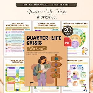 May include: A digital Quarter-Life Crisis Worksheet set containing 20 pages in US Letter size. The cover features a person with a backpack looking at a map next to a wooden signpost with icons. Includes sections like Life Direction Compass and Comparison Spiral.