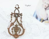 Vintage High End Brass Stamping Intricate Flourish Victorian Art Nouveau Design Earring Drop Necklace Pendant Charm