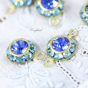 Aquamarine & Sapphire Blue Vintage Two layers Austrian Crystal Round Drop Dangle Charm Rhinestone Connectors Links - 4