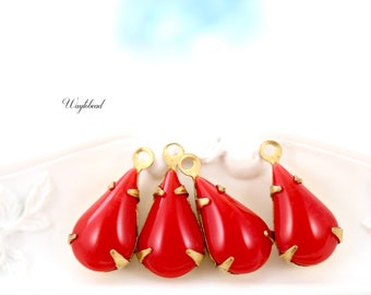 Cherry Red Teardrop 13x8mm Vintage Pear Shape Stones 1 Ring Closed Back Brass Prong Settings - 4