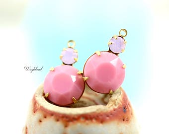 Rose Water Opal & Opaque Pink Vintage Round Faceted Stones 18x11mm Preciosa Crystal Earring Dangle Connector Brass Settings - 2