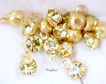 jonquil Yellow Tiny Vintage 5mm Rhinestones Austrian Crystal Closed Back 1 Ring Single Brass Setting Earring Drops - 8