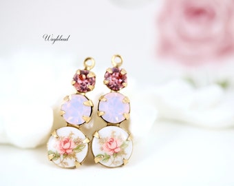 Dangle Drop Light Rose Opal & Pink Rose on White Vintage Set Stones 23mm Raw Brass - 2