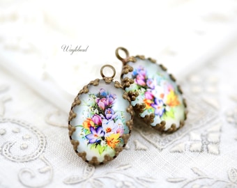 Violet Pink & Yellow Flower Bouquet Glass Cabochon Vintage Style 18x13mm Oval Single Set Stones Charms Pendant 1 Loop - 2
