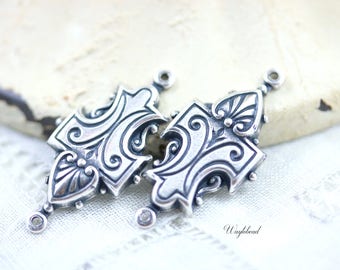 Antiqued Silver Art Deco Style Filled 2 Ring Connectors Links - 2