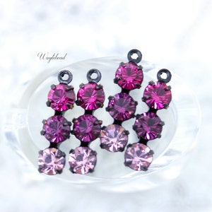 Triple Rhinestone Charms Connectors Preciosa Crystal Set Stones Fuchsia Amethyst & Light Amethyst - 4
