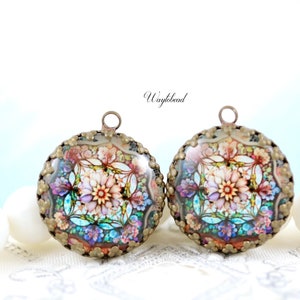 Pink & Blue Floral Pattern Glass Cabochon 21mm Vintage Style Flower Round Single Set Stones Charms Pendant - 2