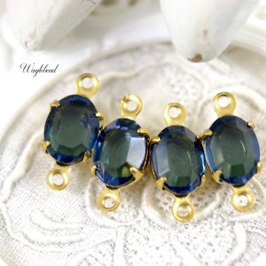 Montana Blue Petite Unfoiled 8x6mm Austrian Crystal Single Set Rhinestone Drops Raw Brass Connector Link - 4