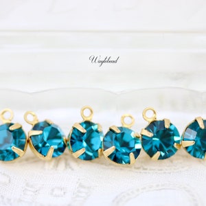 Indicolite 6mm Preciosa Crystal Single Set Rhinestone Drops Raw Brass Settings Connector Link - 6