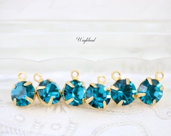 Indicolite 6mm Preciosa Crystal Single Set Rhinestone Drops Raw Brass Settings Connector Link - 6