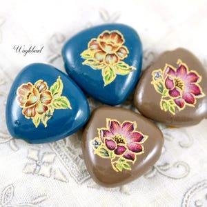 Vintage Rounded Triangle Glass Beads with Pink Lotus 20mm Taupe Brown Teal Blue - 4