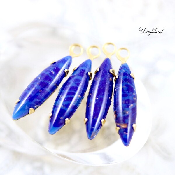 Lapis Lazuli Blue 15x4mm Gold Specks Vintage Glass Smooth Top Navette Stones 1 Ring Raw Brass Single Settings Earring Drops - 4