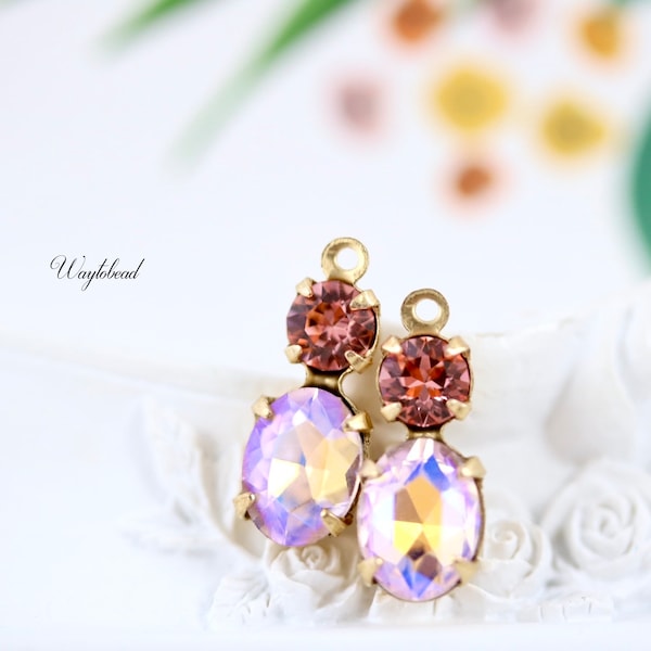 Rose Peach & AB Light Pink Aurora Borealis Crystal 16x6mm Set Stones Earring Drops Oval 1 Ring Brass Settings - 2