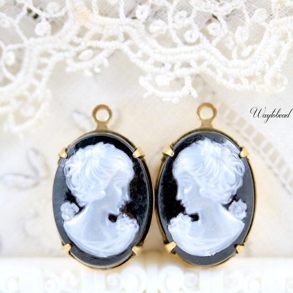 Silky White on Black Rare Vintage Woman Cameo 18x13mm Lady Oval Charm Pendant Set Stones Brass Settings - 2