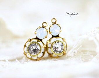 White Opal & Crystal Clear 15x9mm Two Layers Glass Round Connectors Drops Raw Brass Settings - 2