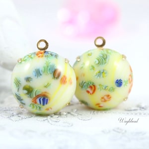 Millefiori on Yellow Charm Vintage Round Pendant Set Stones Brass Settings 18mm Japan- 2