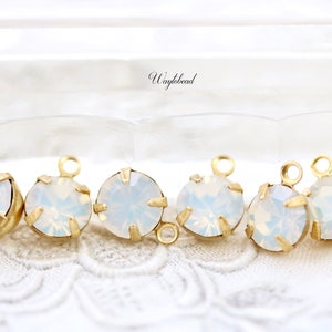 White Opal 6mm Preciosa Crystal Single Set Rhinestone Drops Raw Brass Connector Link - 6
