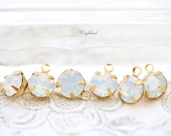 White Opal 6mm Preciosa Crystal Single Set Rhinestone Drops Raw Brass Connector Link - 6