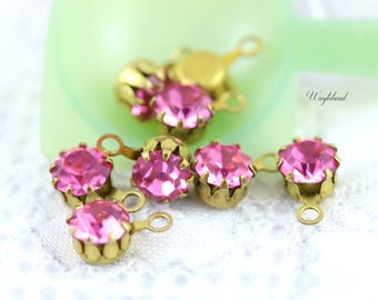 Rose Pink 5mm Vintage Austrian Rhinestones Round Stones 1 Ring Closed Back Brass Crown Settings - 8