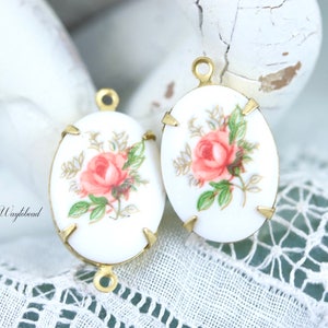 Limoge Pink 18x13mm Vintage Oval Set Stones Rose Connectors Cameo Charms Pendant Brass or Silver Plated - 2