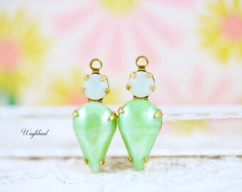 White Opal & Lustrous Green Vintage Rhinestone 21x8mm Lustrous Teardrop Set Stones Brass Settings Shimmer Earring Charms - 2