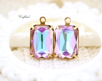Vitrail Light 14x10mm Set Stones Pendant Connector Link Octagon Single Set Stone Raw Brass Settings  - 2